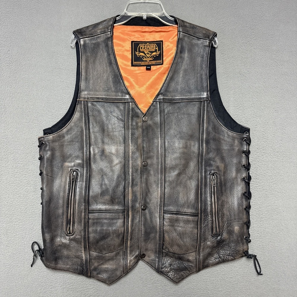 Milwaukee Leather MC Leather Vest Mens Sz XXL 10 Pocket Distressed Brown MLM3540